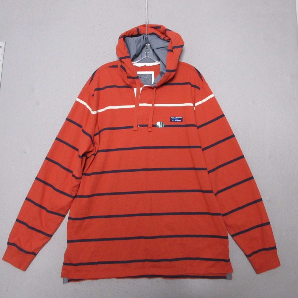 LL Bean‎ Rugby Men Large Orange Blue Hoodie Stripe Traditional Fit Preppy NWOT